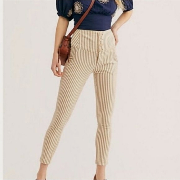 Free People Pants - Free People Frankie High Waist Striped Pants Tan/White Ankle Crop
